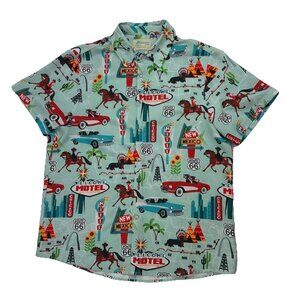 VTG Hawaiian Shirts Mens M Blue Route 66 Cars Short Sleeve Button Up Aloha